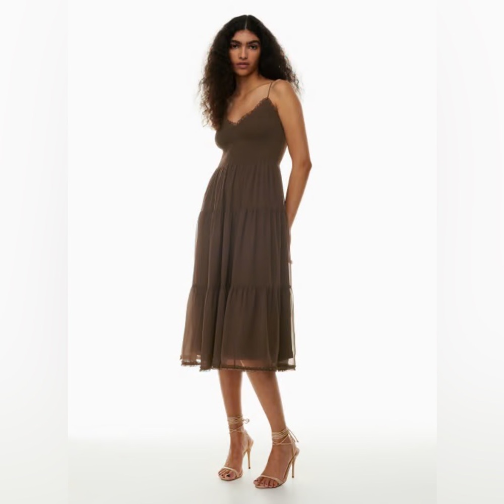 Aritzia Wilfred Tuberose Chiffon Midi Tiered Dress, Medium - Dark Brown